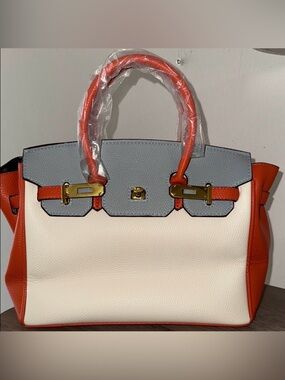 Colorblock Leather Tote Bag - Orange, Cream & Gray